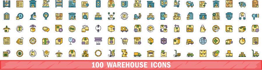 Poster - 100 warehouse icons set. Color line set of warehouse vector icons thin line color flat on white