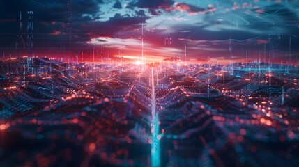 Poster - A cityscape with a red sun in the sky. The city is lit up with neon lights and the sky is filled with clouds. Scene is futuristic and vibrant