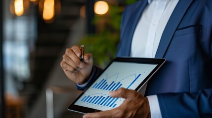 Poster - A businessman analyzing a business graph on a digital tablet, strategizing growth plans in a modern office setting.