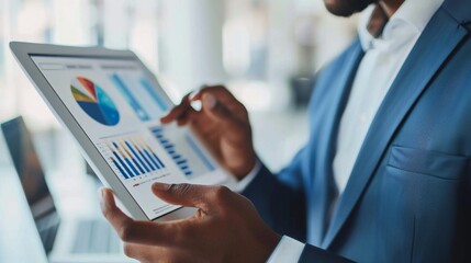 Poster - A businessman analyzing a business graph on a digital tablet, strategizing growth plans in a modern office setting.