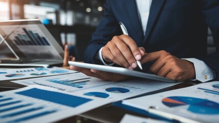 Poster - A businessman analyzing a business graph on a digital tablet, strategizing growth plans in a modern office setting.