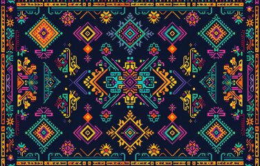Wall Mural - 
pixel art pattern, seamless ethnic ornament with border on dark background,