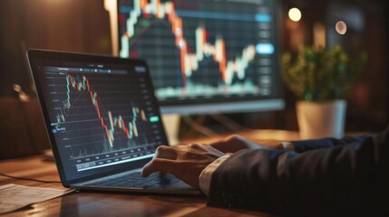 Aufkleber - A businessman studying stock market graphs and economic indicators on a laptop, preparing for a presentation on market trends and forecasts.