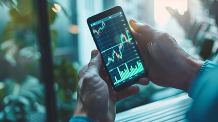 Aufkleber - A businessman studying stock market graphs and charts on a smartphone, staying informed about market trends while on the go.