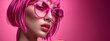 © Nataliia_Trushchenko - A woman with pink hair and glasses is standing in front of a pink background. She is wearing a pink shirt and has red lips. Concept of confidence and boldness. Woman fashion style, wearing sunglasses