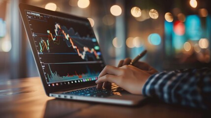 Aufkleber - A businessman studying stock market graphs and economic indicators on a laptop, preparing for a presentation on market trends and forecasts.