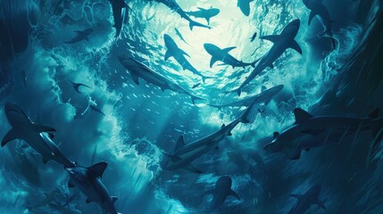 Wall Mural - A group of sharks swimming in synchrony, their movements creating a dynamic and captivating scene in the open sea