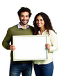 © N7 - Happy Couple with Blank Board, A cheerful couple holding a blank board, ideal for personalized messages or advertisements.