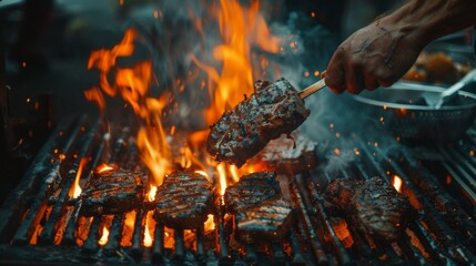 Canvas Print - A chef grilling pork steaks over an open flame, basting them with a flavorful marinade for a delicious smoky taste.