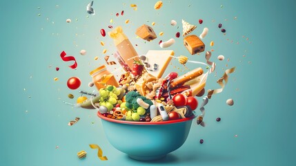 Poster - A mixing bowl filled with product, price tag, distribution channels, and promotional materials, symbolizing the blend of elements in a successful marketing strategy