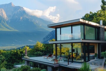 Wall Mural - Luxury glass villa with breathtaking mountain views in modern minimalistic style