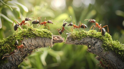 Poster - A close-up of ants building a bridge with their bodies to traverse an obstacle, showcasing their problem-solving abilities and teamwork.