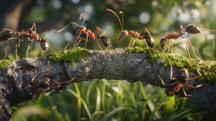 Poster - A close-up of ants building a bridge with their bodies to traverse an obstacle, showcasing their problem-solving abilities and teamwork.