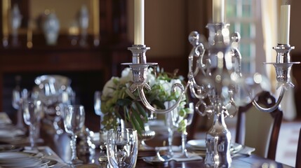 Poster - Elegant dining room, close-up on silver candelabra and fine china on a mahogany table, soft focus 