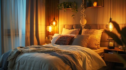 Wall Mural - A cozy bedroom with soft ambient lighting, bedside lamps for reading, and accent lighting for a relaxing atmosphere --ar 16:9 --style raw Job ID: 57c9b897-6792-471c-9644-ee10208eb462