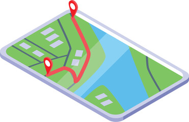 Poster - Isometric vector of a mobile phone with a gps route and location pins