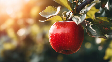 Wall Mural - Close-up of a tasty, delicious fresh apple hanging on a tree with the sun shining in the background. The apple's vibrant red and green hues are highlighted by the sunlight, showcasing its ripeness and
