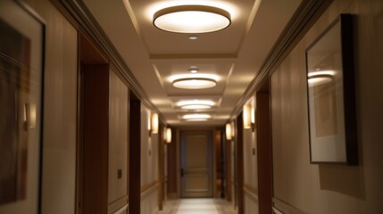Poster - A contemporary flush-mount ceiling light fixture installed in a hallway, providing bright and even illumination for safe passage through the space.