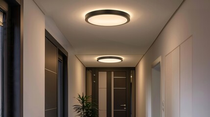 Poster - A contemporary flush-mount ceiling light fixture installed in a hallway, providing bright and even illumination for safe passage through the space.