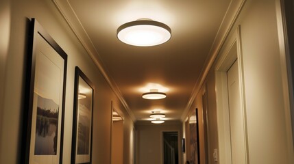 Poster - A contemporary flush-mount ceiling light fixture installed in a hallway, providing bright and even illumination for safe passage through the space.