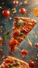 Wall Mural - A slice of pizza with tomatoes and basil is flying through the air
