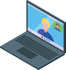 Wall Mural - Colorful isometric illustration of an open laptop with a video conference interface on the screen