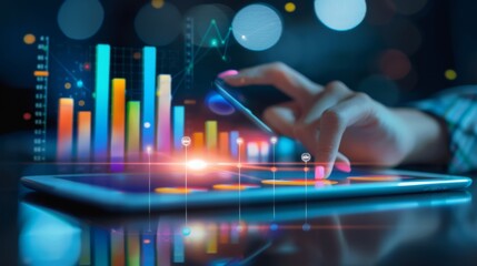 Aufkleber - A financial analyst analyzing business graphs and trends on a tablet, preparing detailed reports and presentations for management.