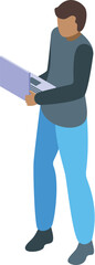 Poster - Professional isometric businessman standing with laptop in modern corporate office, working on digital technology, vector illustration of a stylish and savvy executive in casual business attire