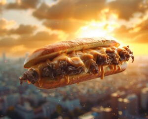Wall Mural - A sandwich with meat and cheese is flying through the air