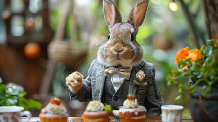 Wall Mural - A rabbit in a suit is sitting at a table with donuts and cups