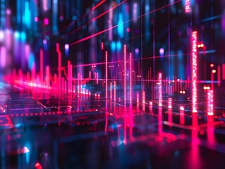 Poster - dramatic neon visualization of market fluctuations in futuristic urban cityscape