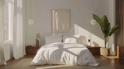 Wall Mural - A minimalist bedroom setup with a simple bed, light textiles, and clean, functional decor --ar 16:9 --style raw Job ID: 9fc0c597-b9d4-46f3-9b0c-741b7eb07c63