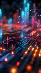 Poster - glowing financial data visualization showcasing a significant market spike with vibrant neon lights 