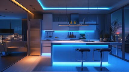 Sticker - A modern kitchen with bright ambient lighting, under-cabinet task lighting, and accent lighting for a sleek look 