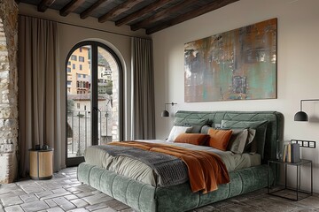 Wall Mural - Modern bedroom interior with king-size bed, elegant decor, and balcony view.