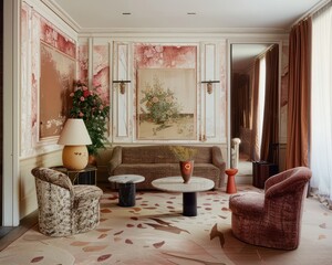 Wall Mural - Elegant living room with pastel floral wallpaper, stylish furniture, and decorative lamps, exuding a cozy and luxurious ambiance.