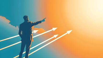 A leader pointing towards a distant horizon, outlining a strategic vision for the organization, with arrows symbolizing the alignment of resources and actions towards long-term goals