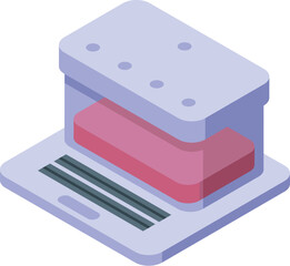 Poster - Isometric office printer illustration with modern technology and digital design in pastel colors. Vector graphic of a contemporary printing equipment machine. Isolated on a desktop