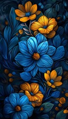 Wall Mural - A close-up view of blue and orange flowers in a decorative floral pattern