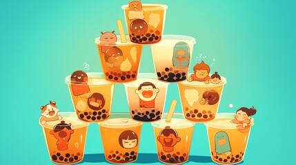 A playful illustration of boba tea cups arranged in a pyramid, with each cup representing a different stage of consumption. From full to empty, the cartoon characters on the cups display a range of