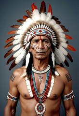 Wall Mural - portrait of a muscled young American Indian tribal chief in traditional dress, isolated white background, copy space for text	
