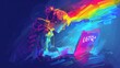 © MJ - A stick figure drawing of a joyful person at their laptop, the word 'LGBTQ+' in vibrant rainbow colors, against a deep blue, amorphous background with a glowing screen monitor, Rainbow atmosphere