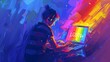 © MJ - A stick figure drawing of a joyful person, immersed in their laptop, with 'LGBTQ+' written in rainbow hues, amidst a deep blue, amorphous background and a glowing screen monitor, Rainbow atmosphere
