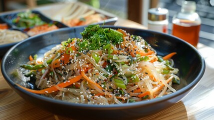 Wall Mural - japchae served as a salad, showcasing fresh vegetables and noodles in a setting of a health-focused restaurant, emphasizing lightness and freshness. 