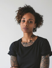 Wall Mural - young African American woman with tattoos, wearing a black t-shirt, expressing individuality and modern style