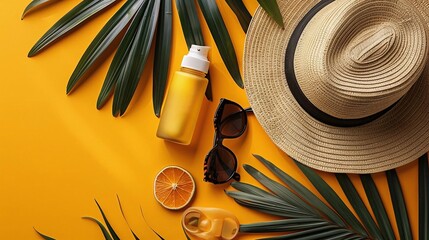 Wall Mural - Design a flat lay design of a sunscreen bottle, sunglasses, and a widebrimmed hat