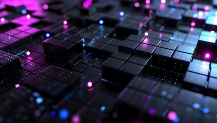 Poster - Abstract background with black cubes on blue and purple glowing lights, data technology concept 

