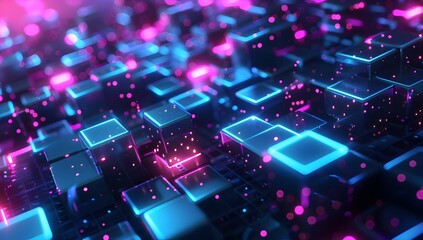 Poster - Abstract background with black cubes on blue and purple glowing lights, data technology concept 
