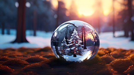 Gorgeous Christmas display in the woodland at dusk with a snow-covered glass ball. AI-produced