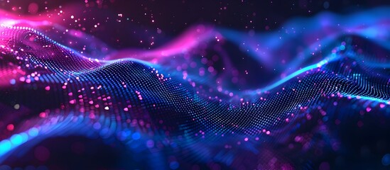 Poster - Abstract background with blue and purple lines of dots, wavy shapes on a dark background vector illustration set
